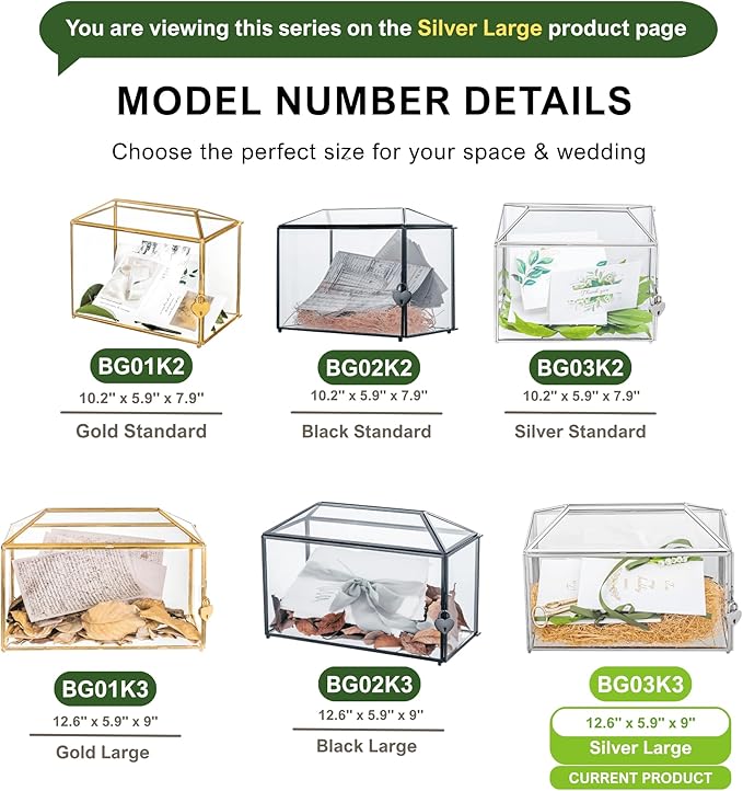NCYP 12.6" x 5.9" x 9" Wedding Glass Cards Box with Slot and Lock, Thanks Card Holder for Keepsake, Envelops, Reception, Decorative, Silver (Glass Box Only) Slot Length 7.3 Inches