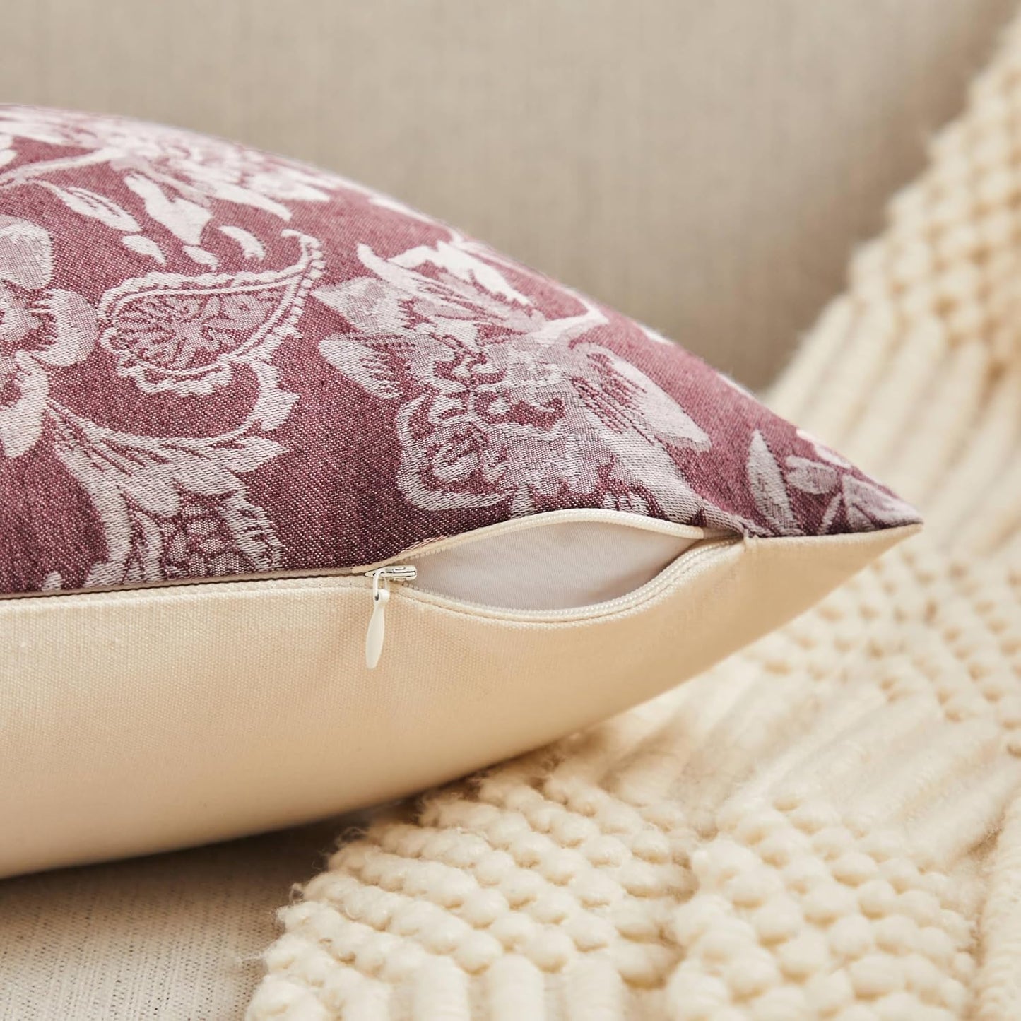 Floral Jacquard Throw Pillow Covers Set of 2, Background/Burgundy 24x24 Inch, Farmhouse Decorative Cotton Burgundy Cushion Covers for Sofa Bed Living Room Home Decor