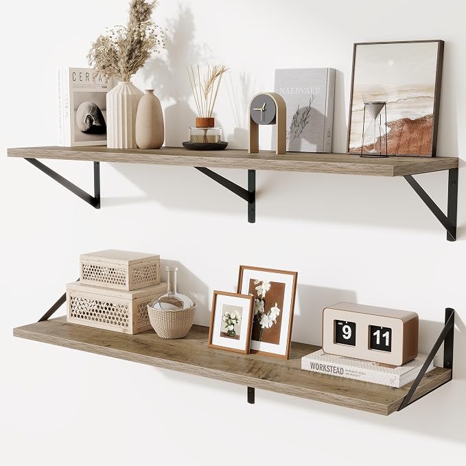 Acovy Floating Shelves for Wall,40" Wall Mounted Shelves Set of 2,Long Wood Floating Shelves,Hanging Wide Display & Storage Shelf with Metal Brackets for Bathroom,Bedroom,Kitchen,Living Room,Grey
