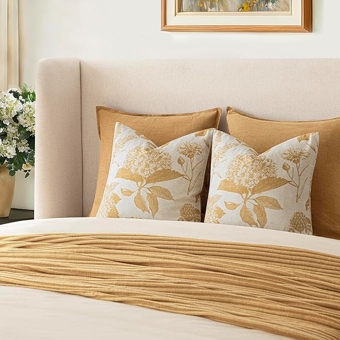 Foindtower Set of 2 Linen Floral Vintage Throw Pillow Covers Neutral Accent Print Decorative Cozy Cushion Covers Farmhouse Home Decor for Sofa Chair Couch Bed Living Room,18×18 Inch,Light Yellow
