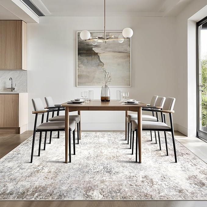 Srugn Washable Rugs 8x10 Area Rugs for Living Room,Modern Abstract Rugs for Bedroom,Large Carpets,Ultra Soft Faux Wool Retro Dining Room Rug,Non Slip&Non-Shedding Low Pile Print Rug- Beige Grey