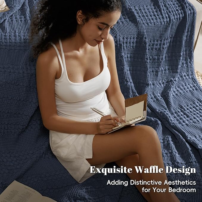 PHF 100% Cotton Waffle Blanket Queen Size for Bed, Lightweight Breathable and Soft for Summer, Luxury Aesthetic Waffle Weave Blanket for Home Decor & Gifts for Women, 90"x90", Indigo