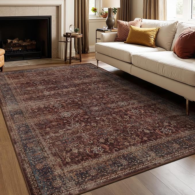 Moody Brick Area Rugs 5x7, Distressed Oriental Living Room Rug Washable, Non Slip Low Pile Thin Carpet Rugs for Bedroom/Dining Room/Home Office/Kitchen, Vintage Brick Red Stain-Resistant