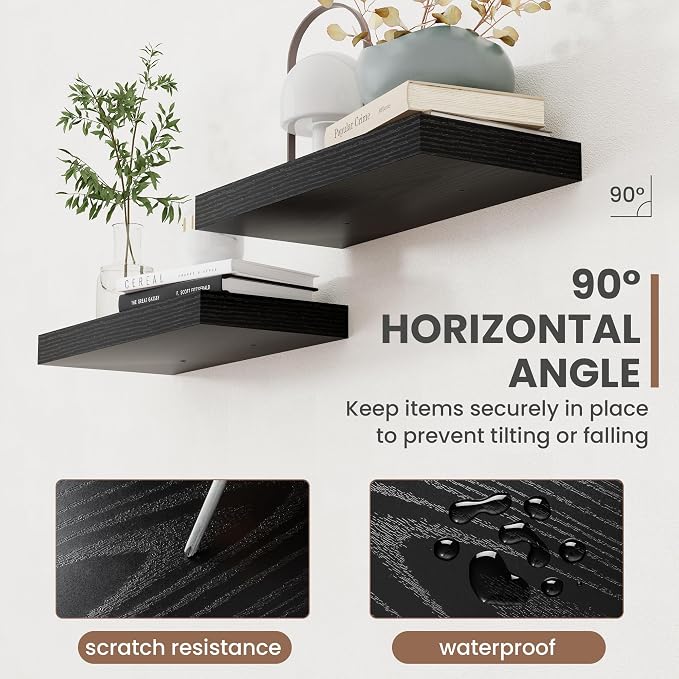Acovy 48 Inch Floating Shelves, 8 Inch Deep Floating Shelves for Wall, Hanging Shelf with Invisible Brackets, Deep Shelves for Bathroom, Bedroom, Living Room, Black, Set of 1
