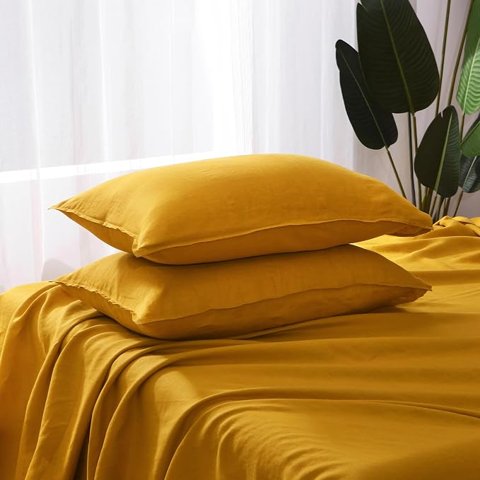 Linen World 100% French Natural Linen Pillowcase Set of 2 - Stone Washed,Moisture-Absorbing Queen Size Pillow Shams (20''x30''),Yellow