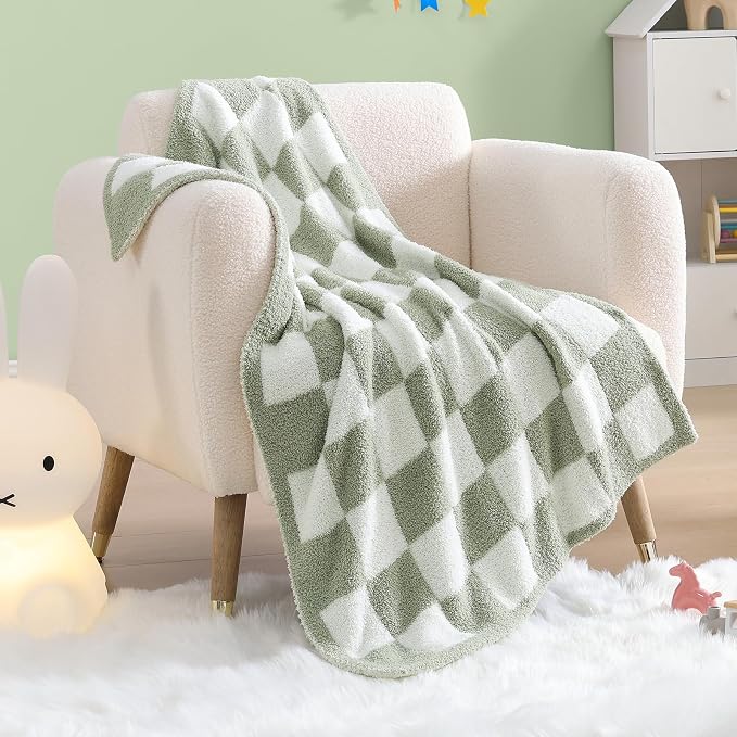 WRENSONGE Soft Checkered Throw Blanket for Couch-Cozy Warm Knitted Blankets | Lightweight Fluffy Decor for Boys & Girls, Sofa, Chair, Bed, 30x40in,Sage Green
