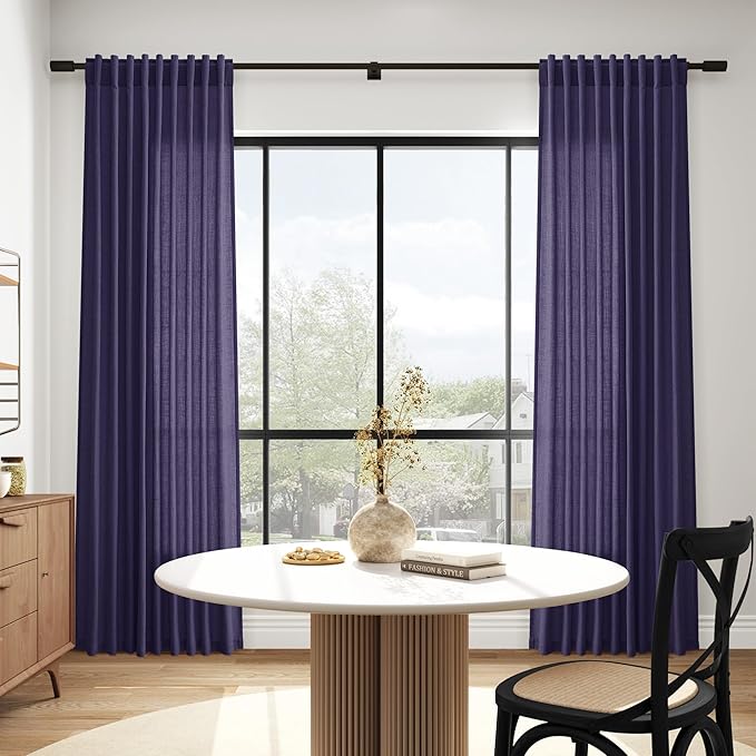 Purple Linen Curtains 72 Inch Long for Living Room Bedroom Lightweight Door Drapes 2 Panels Set, Semi Sheer Light Filtering Back Tab or Rod Pocket Curtain,52x72
