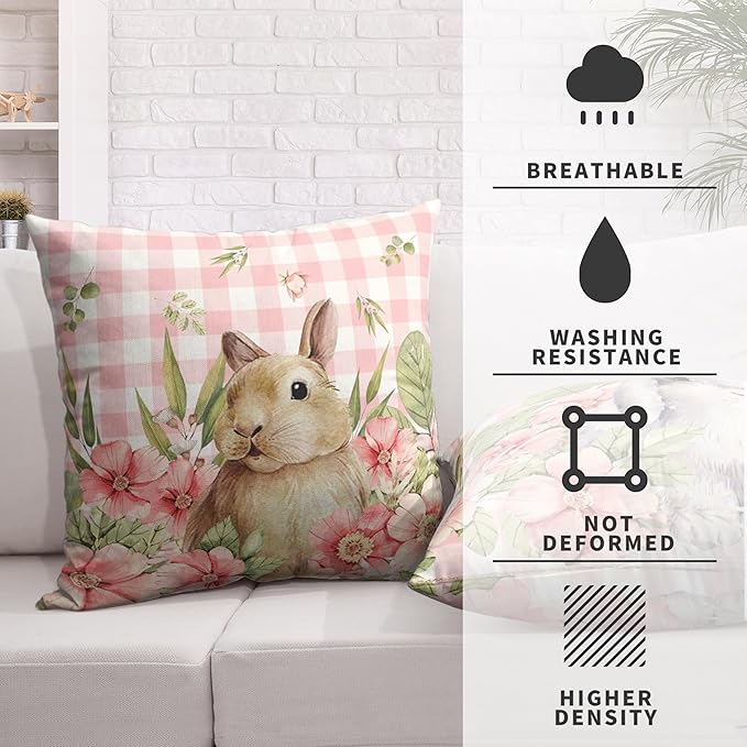Easter Bunny Pillow Covers 16x16 Set of 2 Spring Floral Decorative Pillowcase Cute Rabbit Cotton Linen Cushion Case Pink Plaid Throw Pillow Covers for Sofa Patio Outdoor