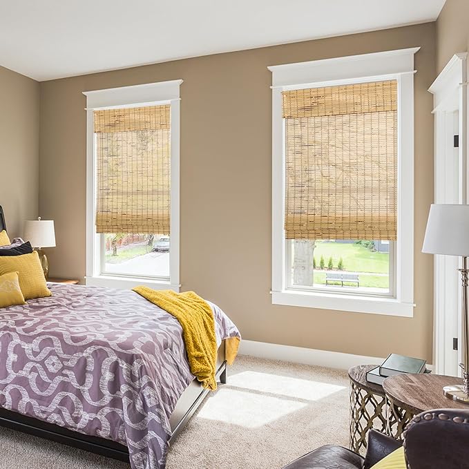 Cordless Wood Window Blinds, Bamboo Sheer Light Filtering Woven Roman Shades, Tiger Wood, 26" W X 64" H