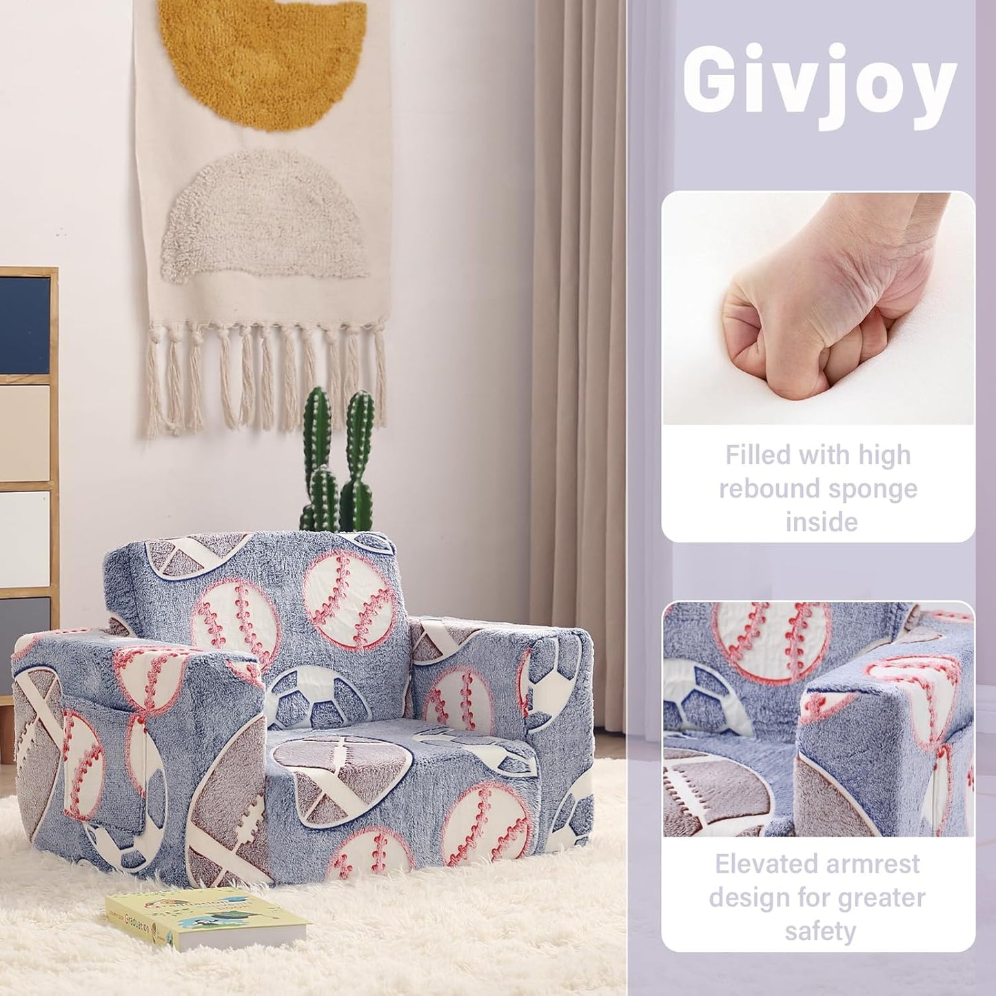 Toddler Chair Kids Couch, 2-in-1 Toddler Soft Sherpa Couch Fold Out Armchair Glow in The Dark with Removable Cover, Convertible Reading Chair Toddler Sofa for Kids, Football