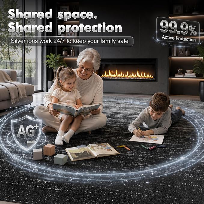 LIANLAM 8x10 Silver Infused Self-Cleaning Rug,for Living Room (8x10,Black) | NASA-inspired silver infused fabric washable rug,long-lasting surface freshness, low-pile minimalist versatile home decor