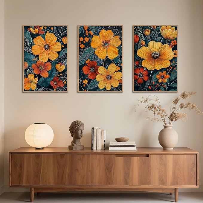 SIKERIC Vintage Orange Floral Wall Art Set of 3, Mid Century Flower Framed Canvas Art Painting, Modern Nature Botanical Art Prints, Boho Neutral Plant Wall Decor for Living Room, Bedroom, Office-24x36