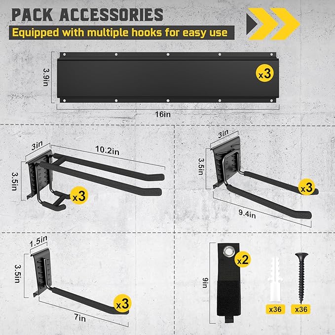 48" Garage Tool Organizer Wall Mount, 660lbs Heavy Duty Steel Garden Tool Storage Rack with 9 Adjustable Hooks for Yard, Shed, Garage (3 Racks, 9 Hooks, 2 Straps)