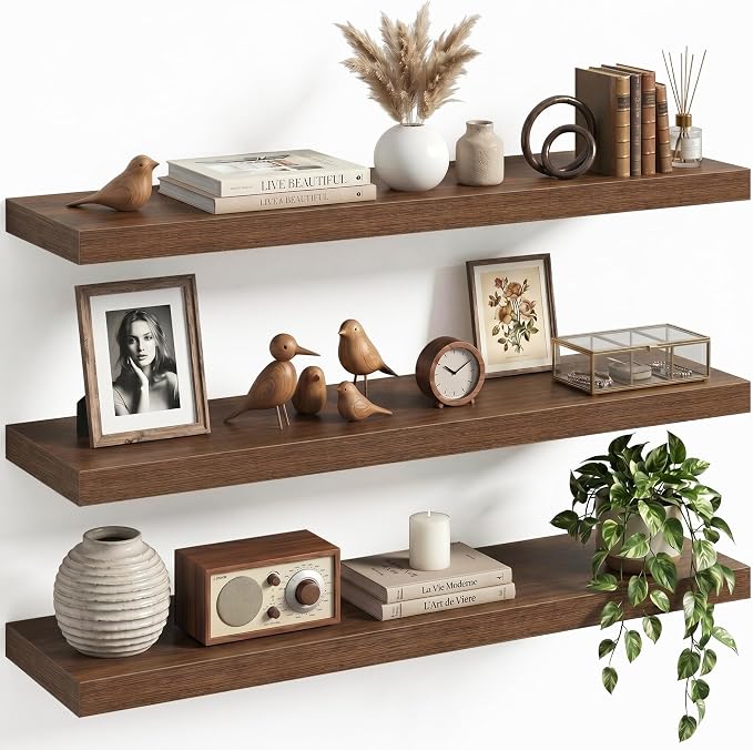 32" Floating Shelves for Wall, Set of 3, 8" Deep, 1.5" Thick, Walnut Finish | Rustic Wood Wall Shelves with Invisible Brackets, Storage and Display for Bathroom, Bedroom, Living Room or Kitchen