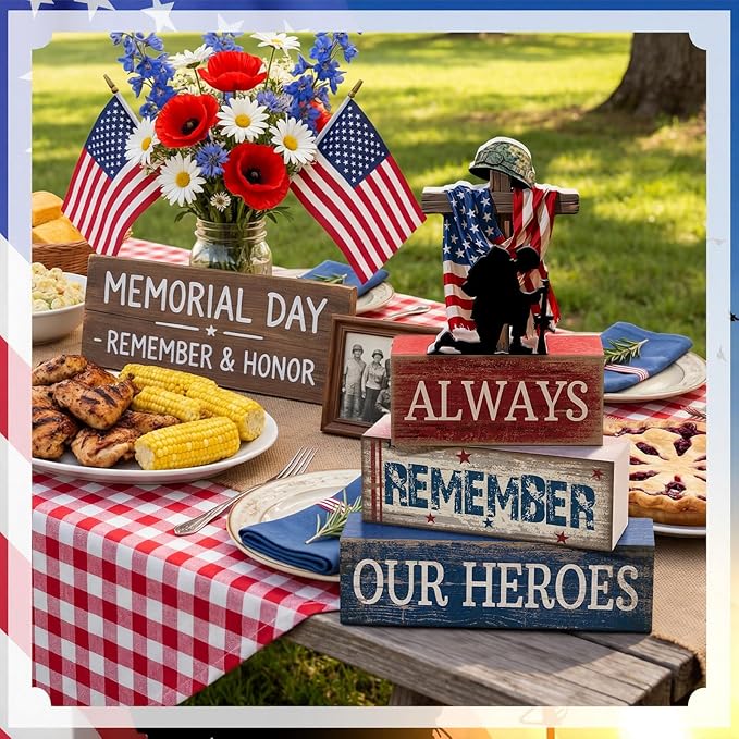 CroBlissful 4 Pcs Memorial Day Decorations 4th of July Patriotic Tabletop Decoration Red White Blue Table Centerpieces Alway Remember Our Heroes Sign for Tiered Tray Home Shelf 250th Anniversary