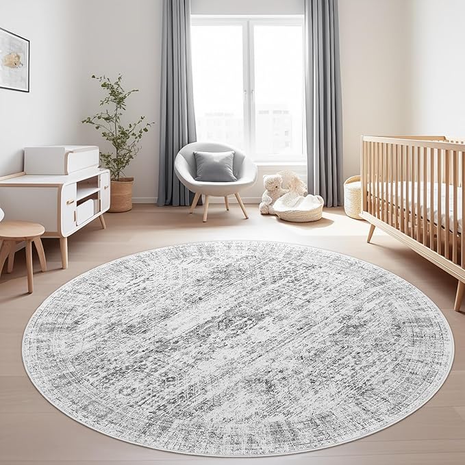 Soalmost 6x6 Grey Round Rug 6ft Living Room Circle Rug Gray Vintage Round Area Rug Non Slip Indoor Carpet for Dining Room Bedroom