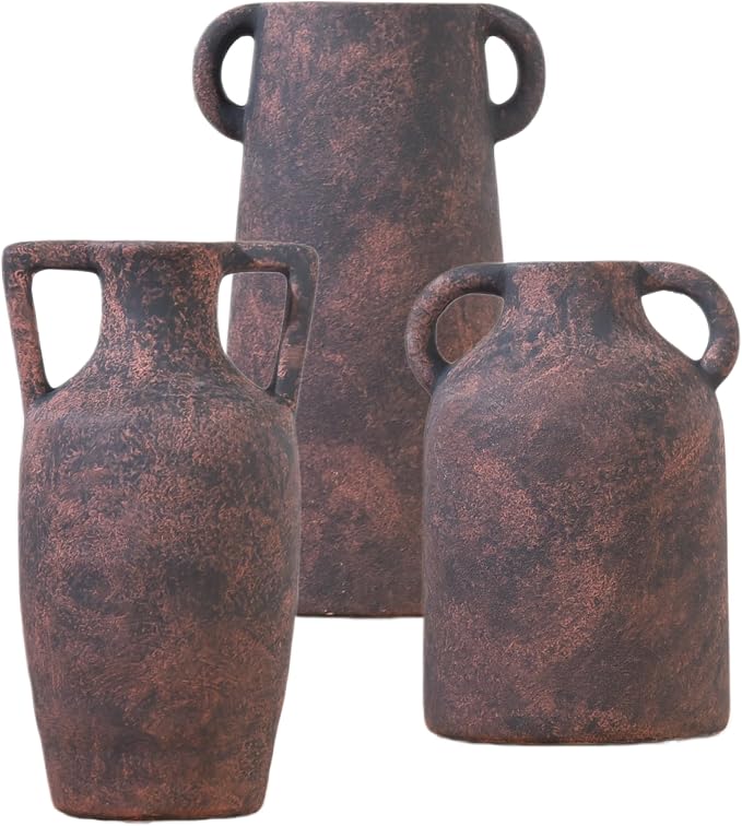 Ceramic Vase Set of 3 with Handles, Rustic Farmhouse Home Decor | Antique brown pottery finish for table, mantel, entryway, bookshelf, living room, and modern farmhouse decor