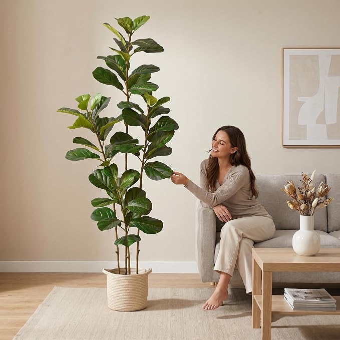 Warmplants 6ft Tall Artificial Fiddle Leaf Fig Tree with White Planter, Faux Ficus Lyrata Tree for Indoor Home Office Living Room Decor