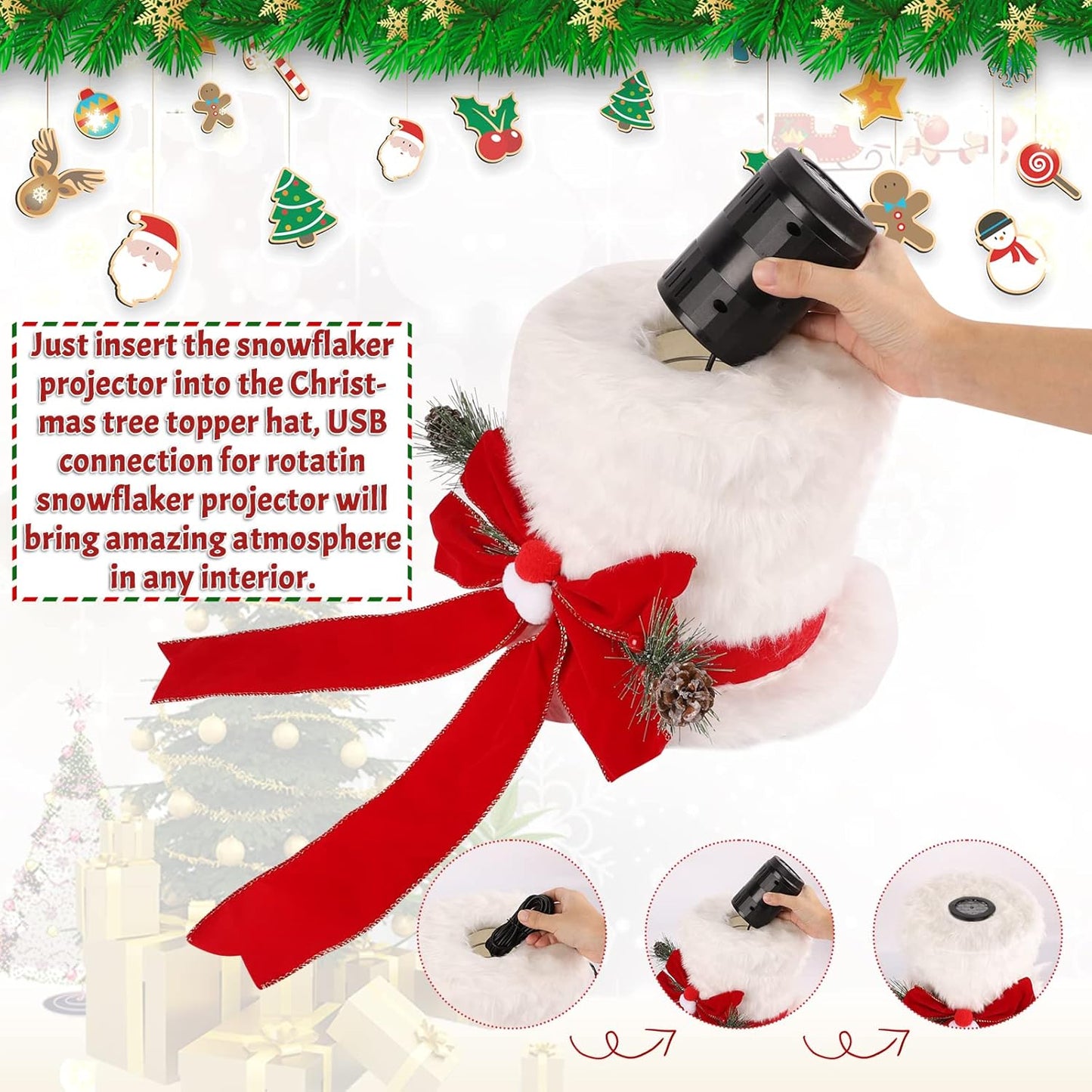 Christmas Tree Topper Hat with 3D LED Rotating Snowflake Projector, White Plush Tree Toppers Red Bow Decorations for Christmas Tree Holiday Winter Party Indoor Decorations