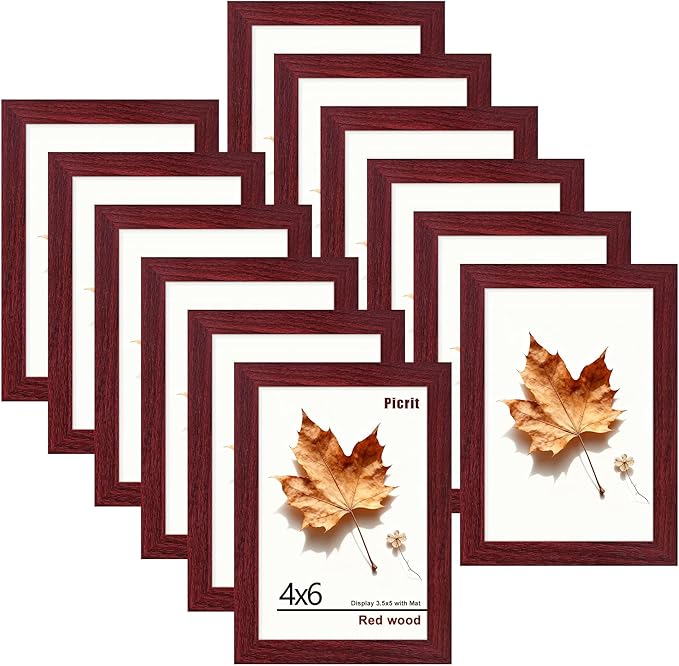 Picrit 4x6 Picture Frame Set of 12, Display 3.5x5 with Mat or 4x6 Without Mat, Photo Frames for Wall Mounting or Table Top Display, Dark Red Wood
