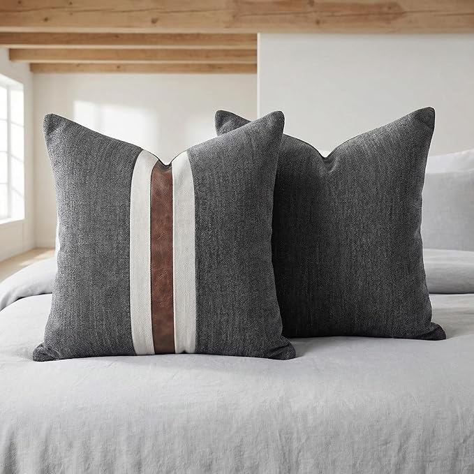 BOYSUM Set of 2 Leather Throw Pillow Covers Cotton Linen Decor Patchwork Pillow Cover Faux Leather Pillows Cover for Couch Sofa Living Room Bedroom,Black 18"x18"