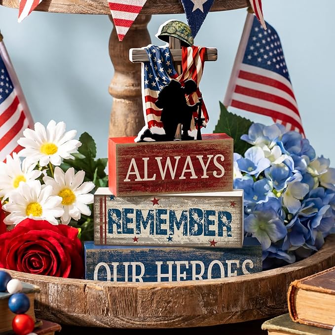 CroBlissful 4 Pcs Memorial Day Decorations 4th of July Patriotic Tabletop Decoration Red White Blue Table Centerpieces Alway Remember Our Heroes Sign for Tiered Tray Home Shelf 250th Anniversary