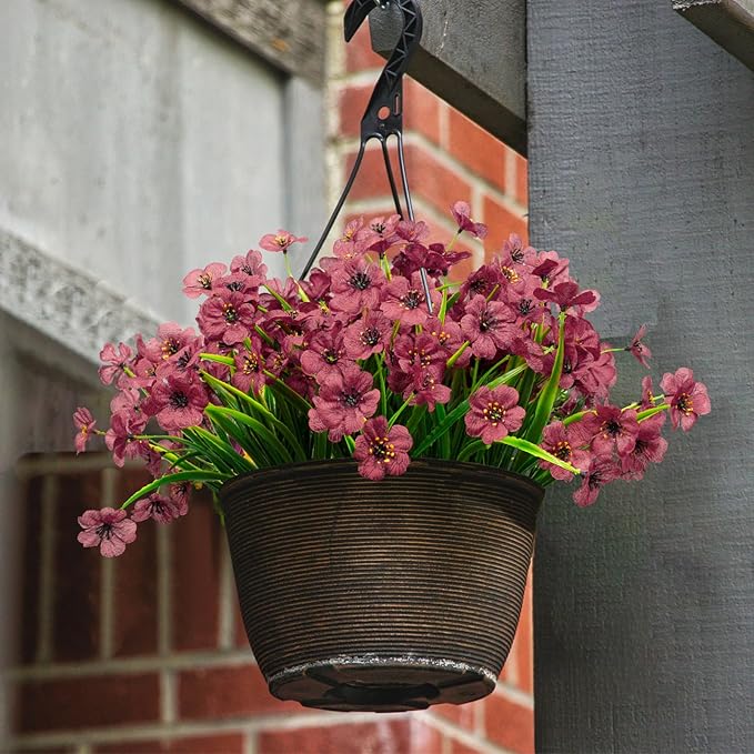 LikSoor 21 Bundles Artificial Outdoor UV Resistant Flowers No Fade Fake Outside Flowers Plastic Greenery Faux Shrubs Garden Porch Window Box Home Decoration (Wine Red)