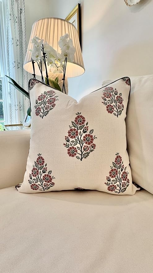 Jillien Harbor “The Sutton” Burgundy & Deep Green Floral Block Print Pillow Cover – Off-White Decorative Festive Throw Pillow Cover – Grandmillennial Home Decor, 20" x 20"