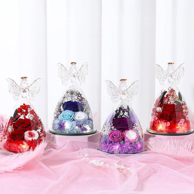 Mothers Day Rose Gifts for Women Preserved Real Flower in Glass Angel Figurines Roses for Delivery Prime Birthday Gifts for Mom Grandma Girlfriend Wife Her,Red Pink Austin Roses