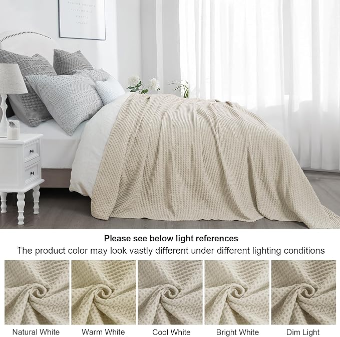 PHF Pre-Washed 100% Cotton Waffle Weave Blanket King Size for Bed,Snag Proof Throw Blanket for Couch Spring Summer Lightweight Breathable,Machine Washable, Home Decor Gift - Linen/Stone