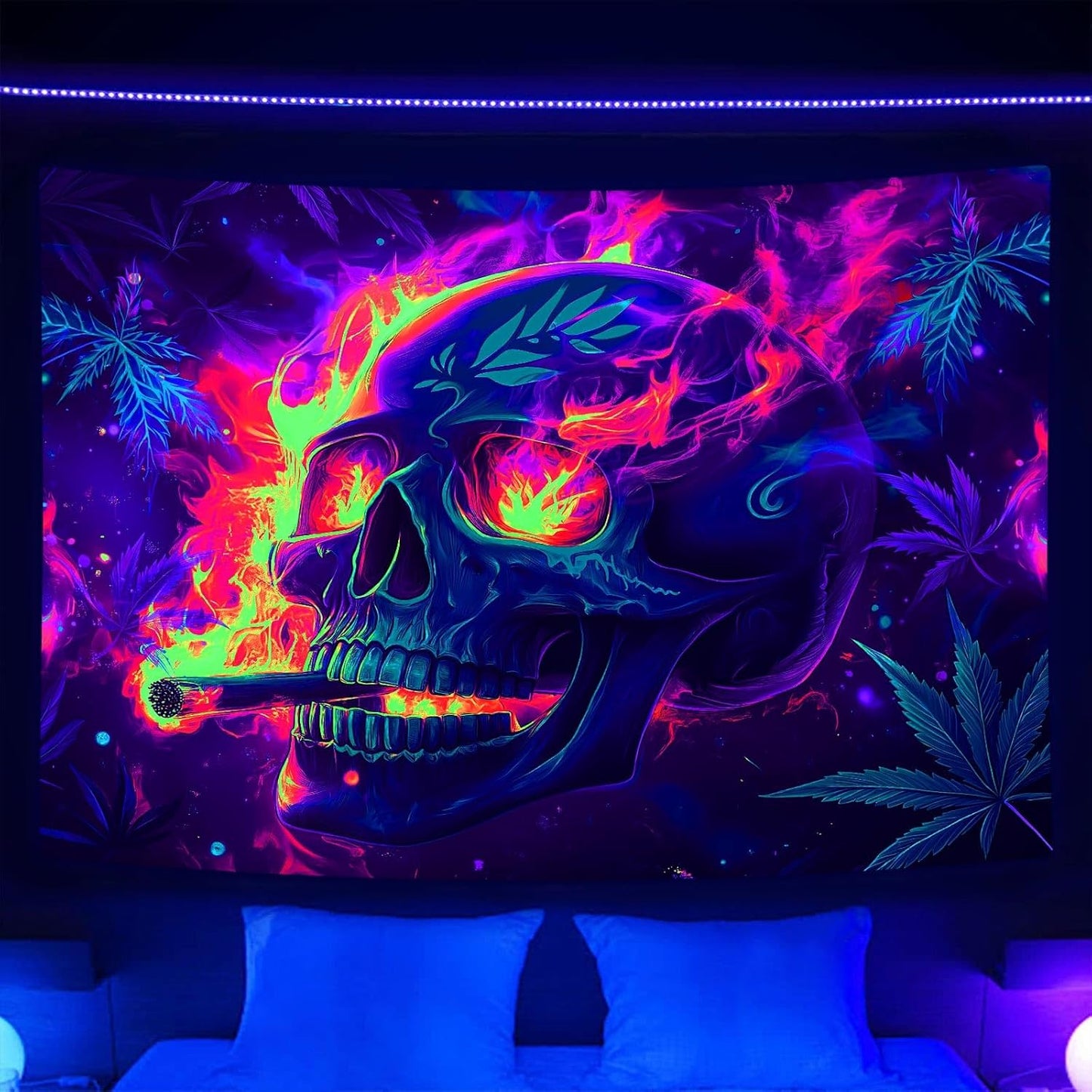 Blacklight Skeleton Tapestry, Glowing Skull UV Reactive Gothic Wall Hanging Tapestries, Glow in the Dark Grim Reaper Magic Horror Face Halloween Poster Tapestry for Bedroom Living Room Decor 90X70IN