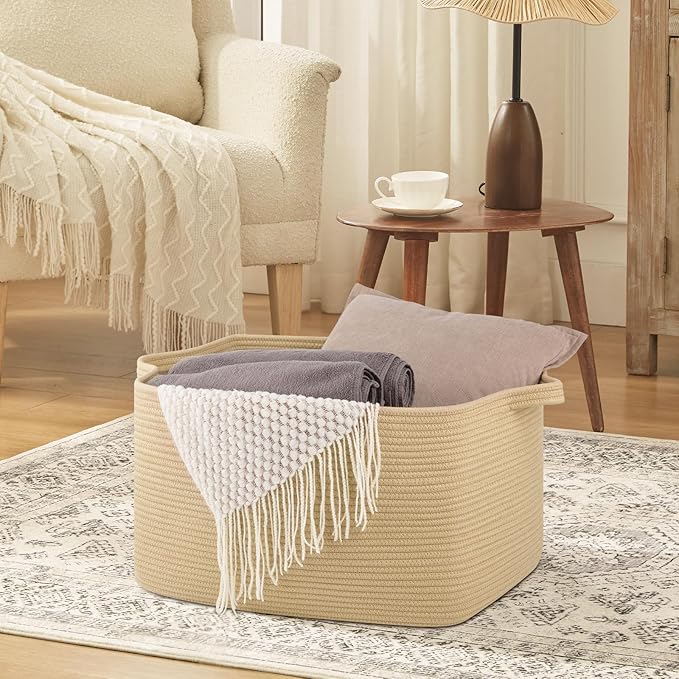 OIASKET Large Blanket Basket, Jute Blanket Storage Living Room, Rectangle Woven Baskets for Storage Toys, Towels, Dirty Clothes Organizer Bins (Jute) (Pack of 2)