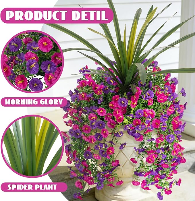 3 Bundles Fake Artificial Morning Glory Flowers for Outdoors, 1 Bundles Faux Greenery Plants UV Resistant Weatherproof for Indoor Outdoor Garden Patio Window Box Home Decor
