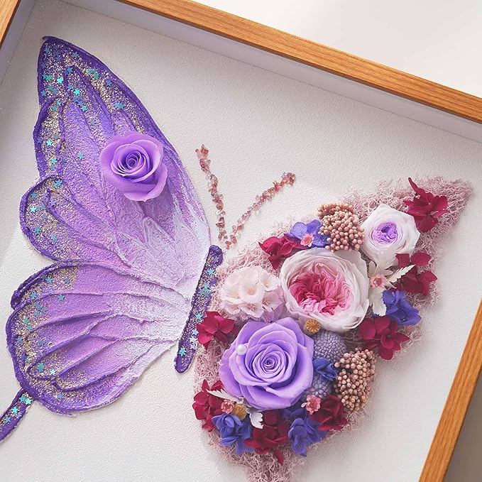ADDWel Preserved Real Rose Butterfly Shadow Box - 12x12 3D Handmade Eternal Flower Wall Art, Unique Birthday Anniversary Purple Gifts for Women, Mom, Wife, Grandma