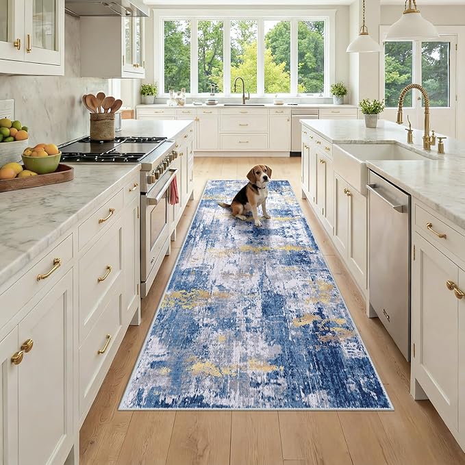 RELEANY Washable Area Rugs 3x8 Non-Slip Modern Abstract Soft for Living Room Entryway Bedroom Nursery, Print Pattern, Grey Blue Gold/Golden