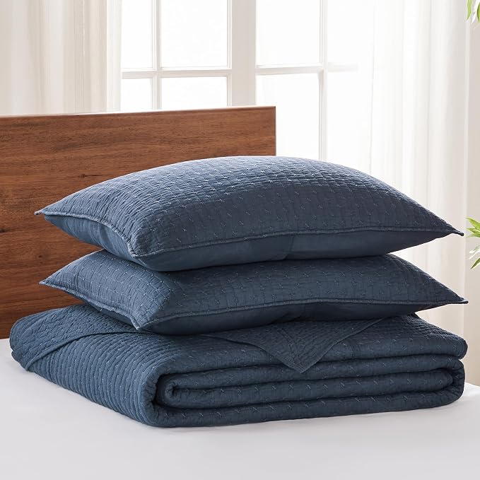 Levtex Home Cross Stitch Reversible Queen Bedspread Set (104x106in) with 2 Pillow Shams (26x20in) - Stitch Texture - Navy - Cotton Queen Size Bedspread Set - Lightweight, Soft, Pre-Washed