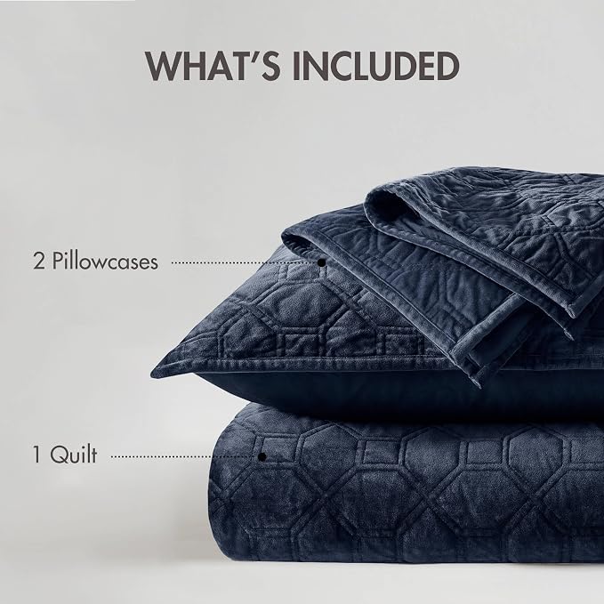 Madison Park Harper Quilt Set Velvet Casual Geometric Stitching Design All Season, Lightweight Coverlet, Cozy Bedding, Matching Shams, Full/Queen(90"x90"), Navy 3 Piece