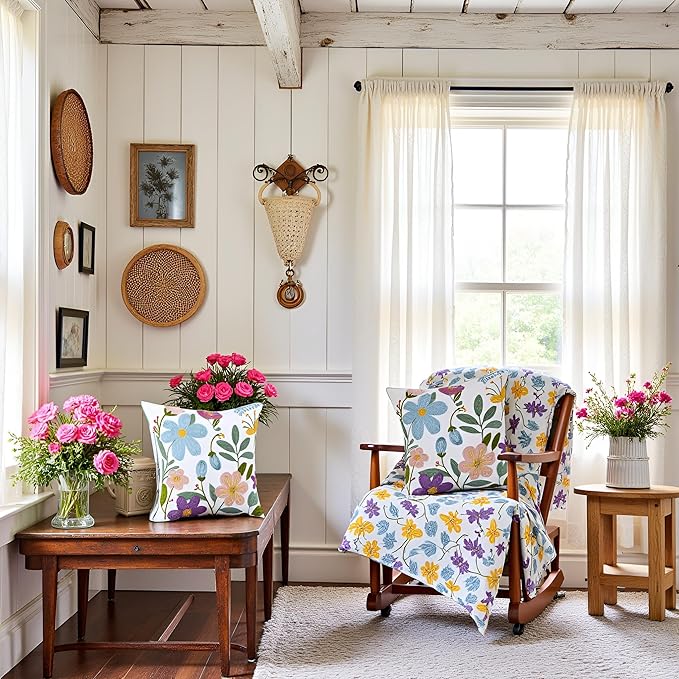 Embroidery Pillow Covers 18x18 Set of 2 Multicolored Flowers Throw Pillow Covers Farmhouse Pillow Cushion Case Spring Summer Decorative Farm Pillowcases Square Rustic Floral Pillow Case