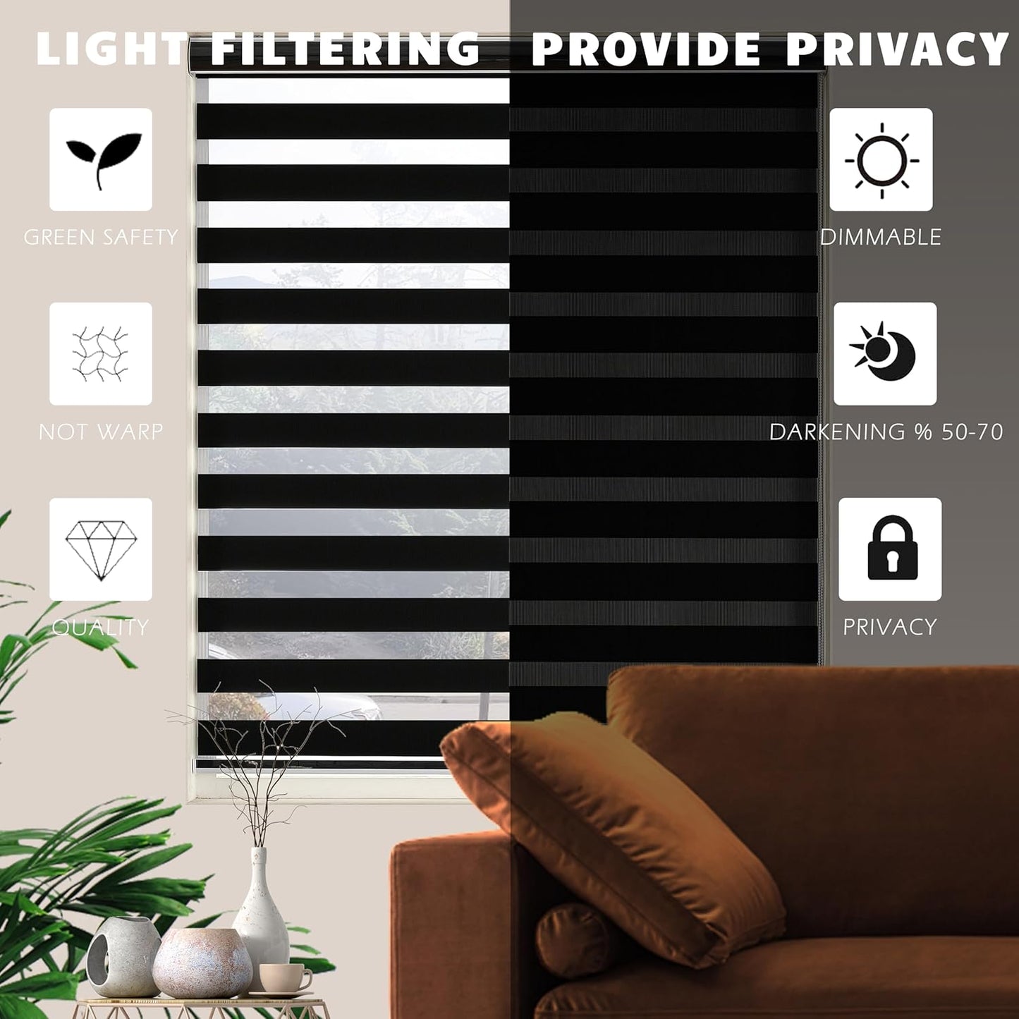 Blackout Zebra Blinds, Dual Layer Free-Stop, Room Darkening Zebra Shades, Blinds for Indoor Windows, Light Filtering Privacy Sheer Shade for Home(55" W X 72" H, Black)