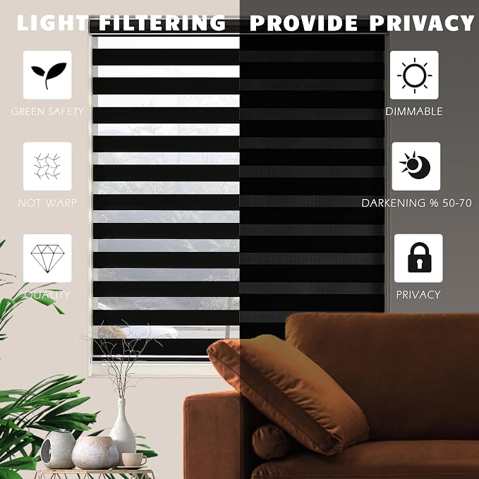 Blackout Zebra Blinds, Dual Layer Free-Stop, Room Darkening Zebra Shades, Blinds for Indoor Windows, Light Filtering Privacy Sheer Shade for Home(49" W X 72" H, Black)