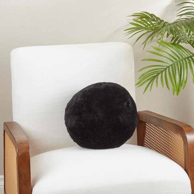 SARO LIFESTYLE Fleece Fantasy Sheepskin Ball Poly Filled Throw Pillow, 12"x12", Black