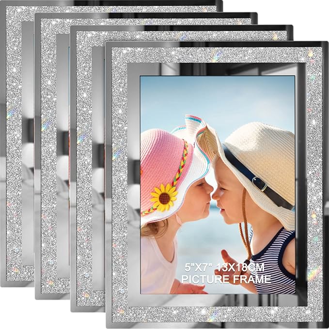 IZIDDO 5x7 Picture Frames Set of 4, Glitter Glass Photo Frame for Tabletop Display, Gifts Picture Frame, Horizontally or Vertically