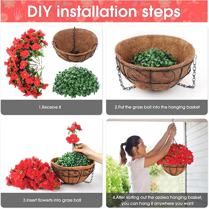 Ouddy Decor Artificial Hanging Flowers with Basket, Silk Fake Azalea Flowers in Coconut Lining Hanging Basket for Indoor Outdoor Yard Garden Patio Home Room Porch Decorations (Red)