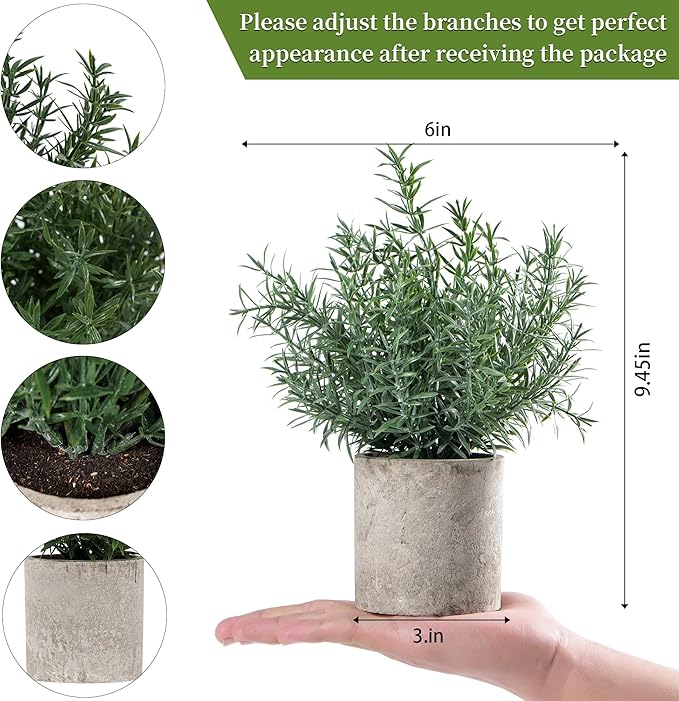 Coferset 2 Pack Small Fake Plants Rosemary Potted Artificial Plants for Shelf Desk Home Bathroom Farmhouse Room Coffee Table Decor (Green)