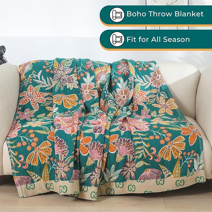 100% Cotton Boho Throw Blanket,4-Layer Gauze Woven Breathable Soft Muslin Blanket with Vintage Floral Design & Yellow/Green,Lightwight Breathable Decor Blanket, Perfect as Bed Sofa Quilt 60" x 80"