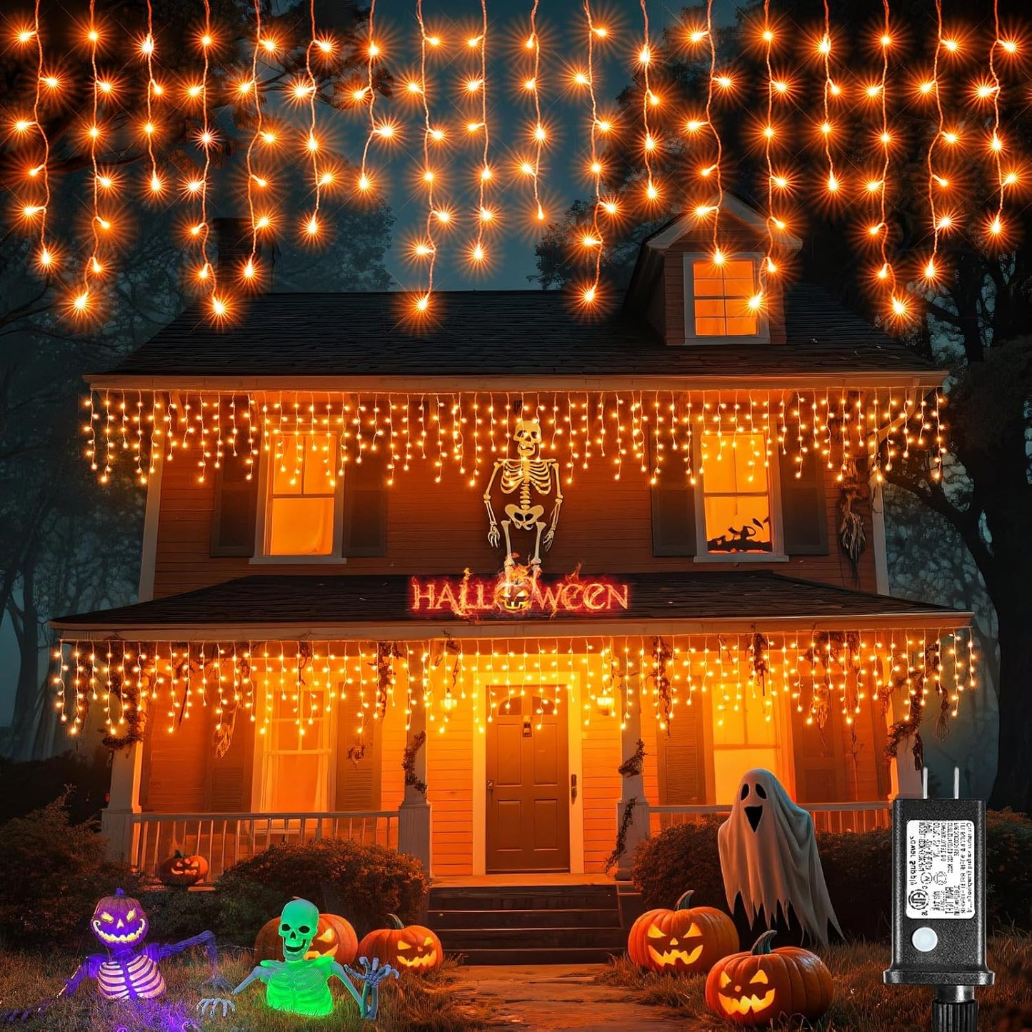 Orange Halloween Lights Outdoor, 33FT 400 LED Icicle Lights for Outside with 8 Modes Waterproof, Plug in Connectable Twinkle String Light for Indoor House Yard Patio Party Holiday Decorations