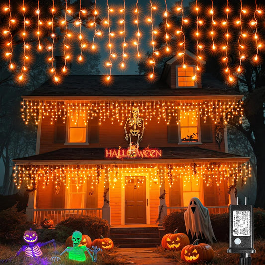 Orange Halloween Lights Outdoor, 33FT 400 LED Icicle Lights for Outside with 8 Modes Waterproof, Plug in Connectable Twinkle String Light for Indoor House Yard Patio Party Holiday Decorations