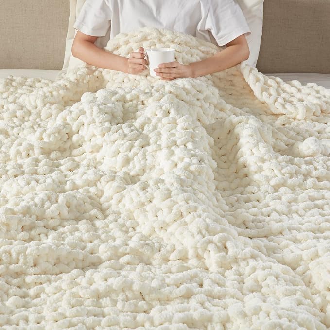 Madison Park Chenille Chunky Knit Handmade Throw Blanket, Luxuriously Soft Gift Blankets, Cottage Style Room Décor, Lightweight & Breathable All Seasons Throw Blanket for Couch, 50" W x 60" L Ivory