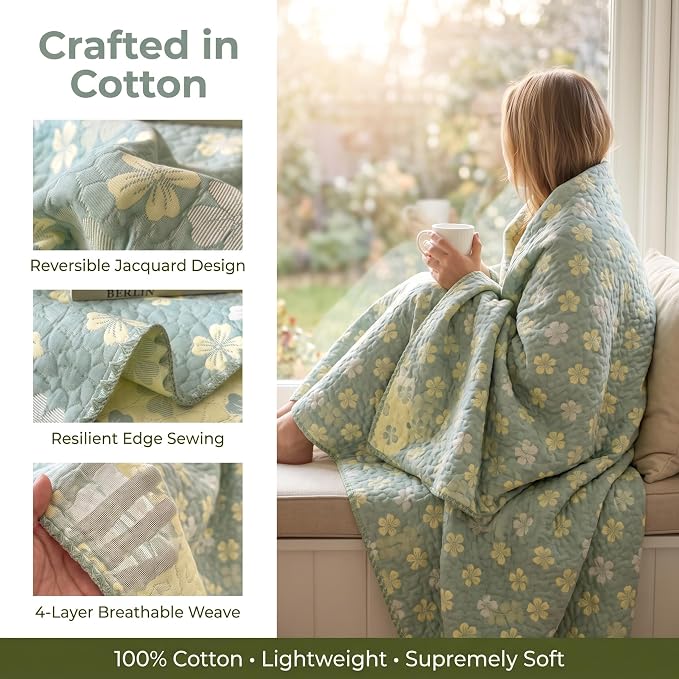 NIDITW Checkerboard Cotton Muslin Throw Blanket for Couch 6-Layer Checkered Gauze Blanket Soft Breathable All Season for Couch Bed Sofa (Four-Leaf Clover, Full)
