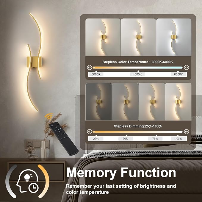 KARTOOSH Battery Operated Wall Sconce with Remote Control, Stepless Colors 3000K-6000K & Dimming, LED Gold Wireless Wall Light for Living Room, Hallway, Bedroom, 39.3 Inch (1 Pack)